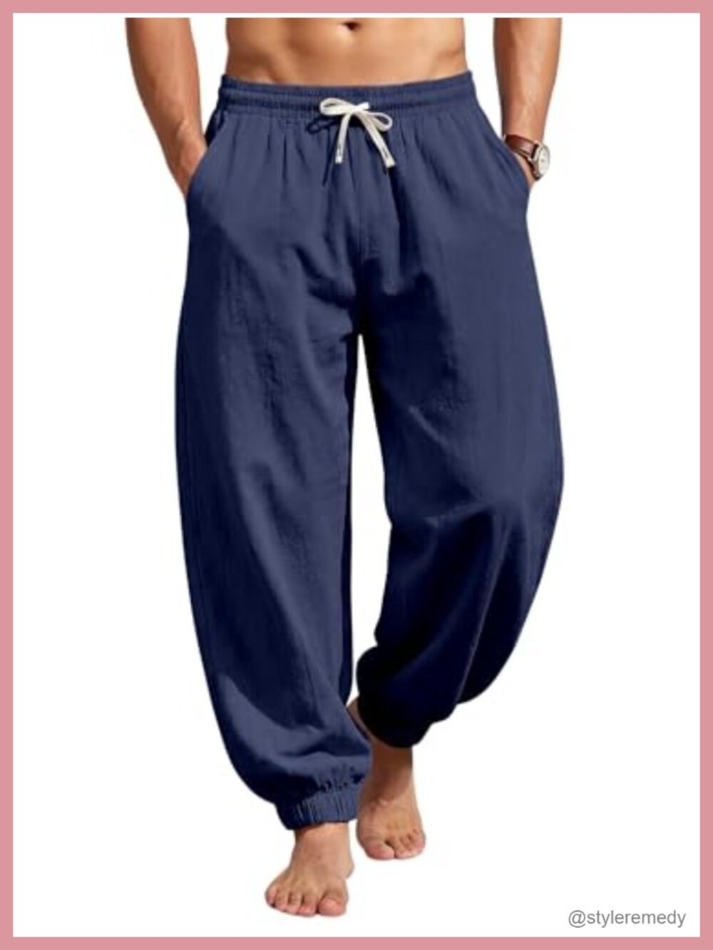 Men's Cotton Linen Casual Lantern Pants Elastic Waist Jogger Trousers